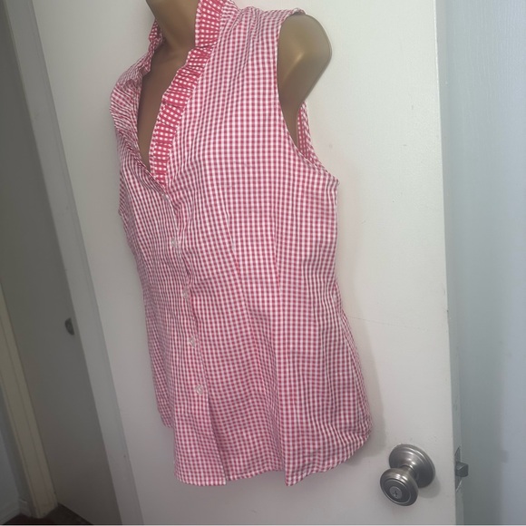 Tyler Boe Red White Gingham Cotton Button Down Ruffle Neck Sleeveless Top NWT 10 - Picture 4 of 16